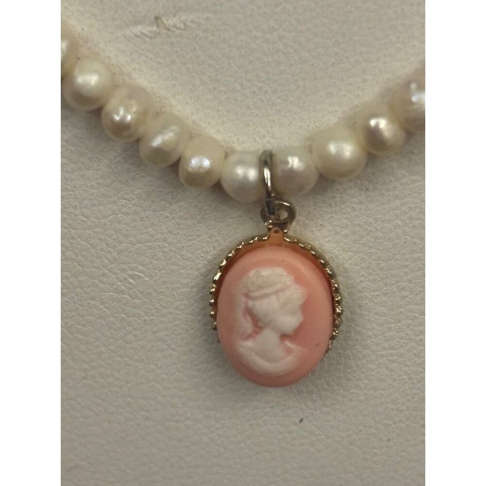 Vintage Freshwater Pearl Necklace Pink Shell Cameo Pendant Youth/Small Communion - Picture 3 of 16